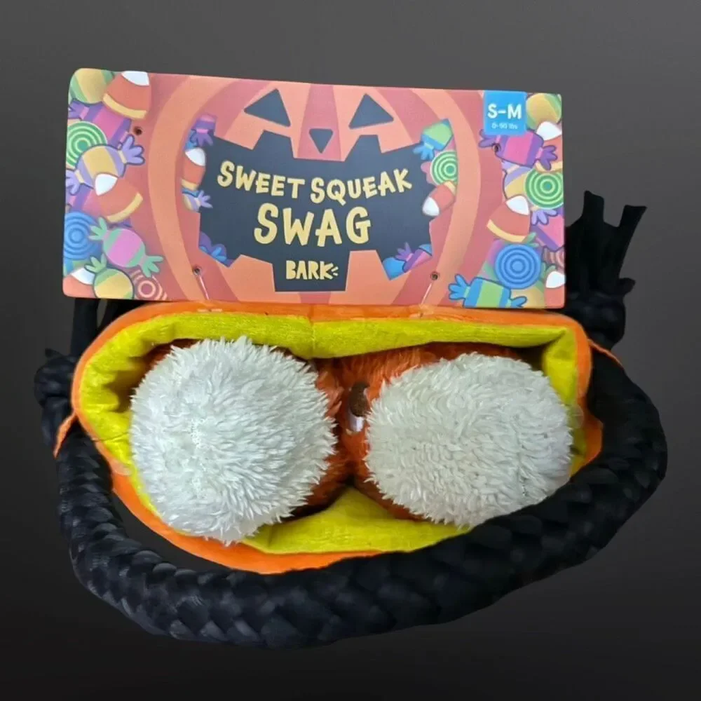 NEW Bark Box Fall Sweet Squeak Swag Bag Candy Corn Pumpkin Plush Basket